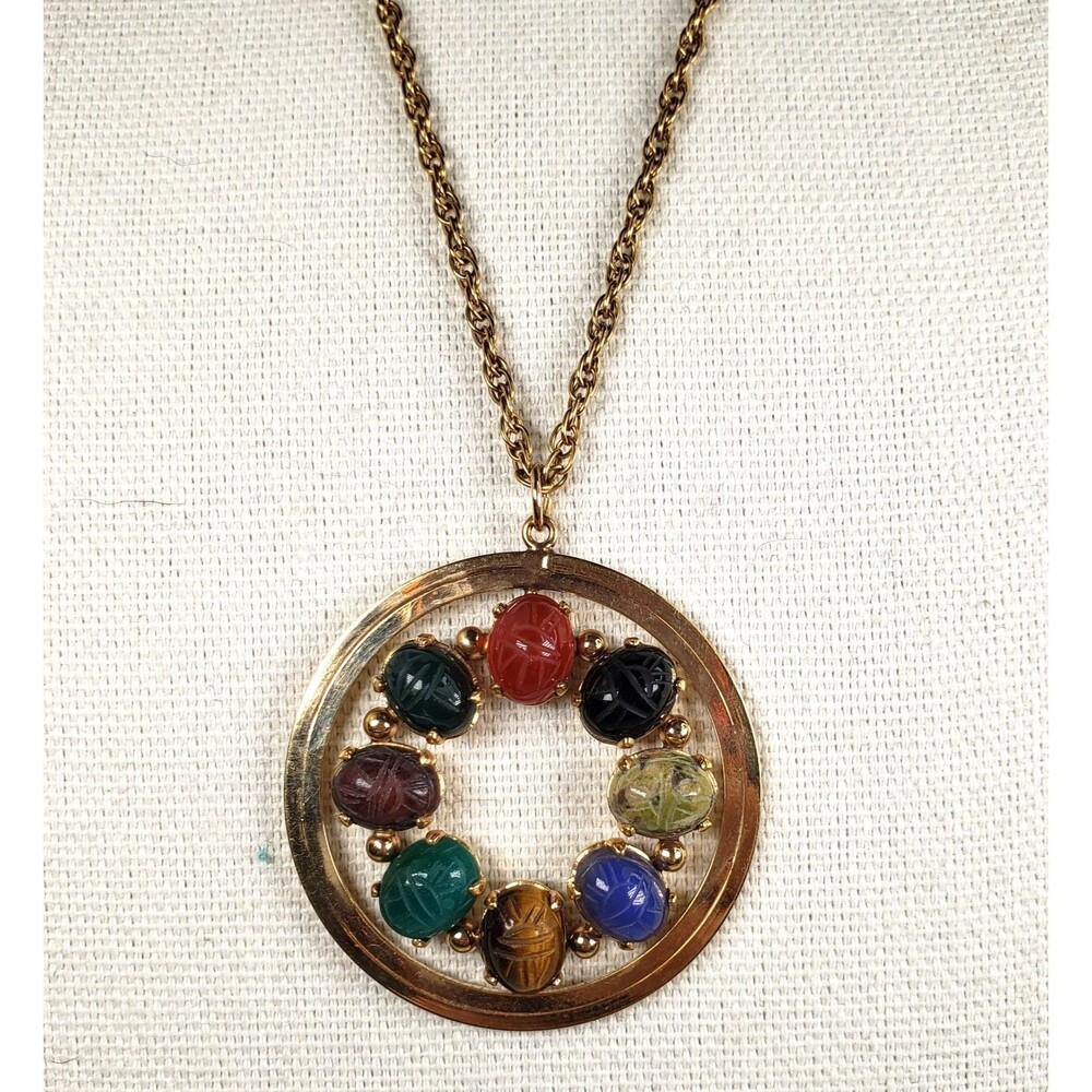 Vintage Harry S Bick Chain 12k Gold Filled Scarab Multi Gemstone Round Pendant